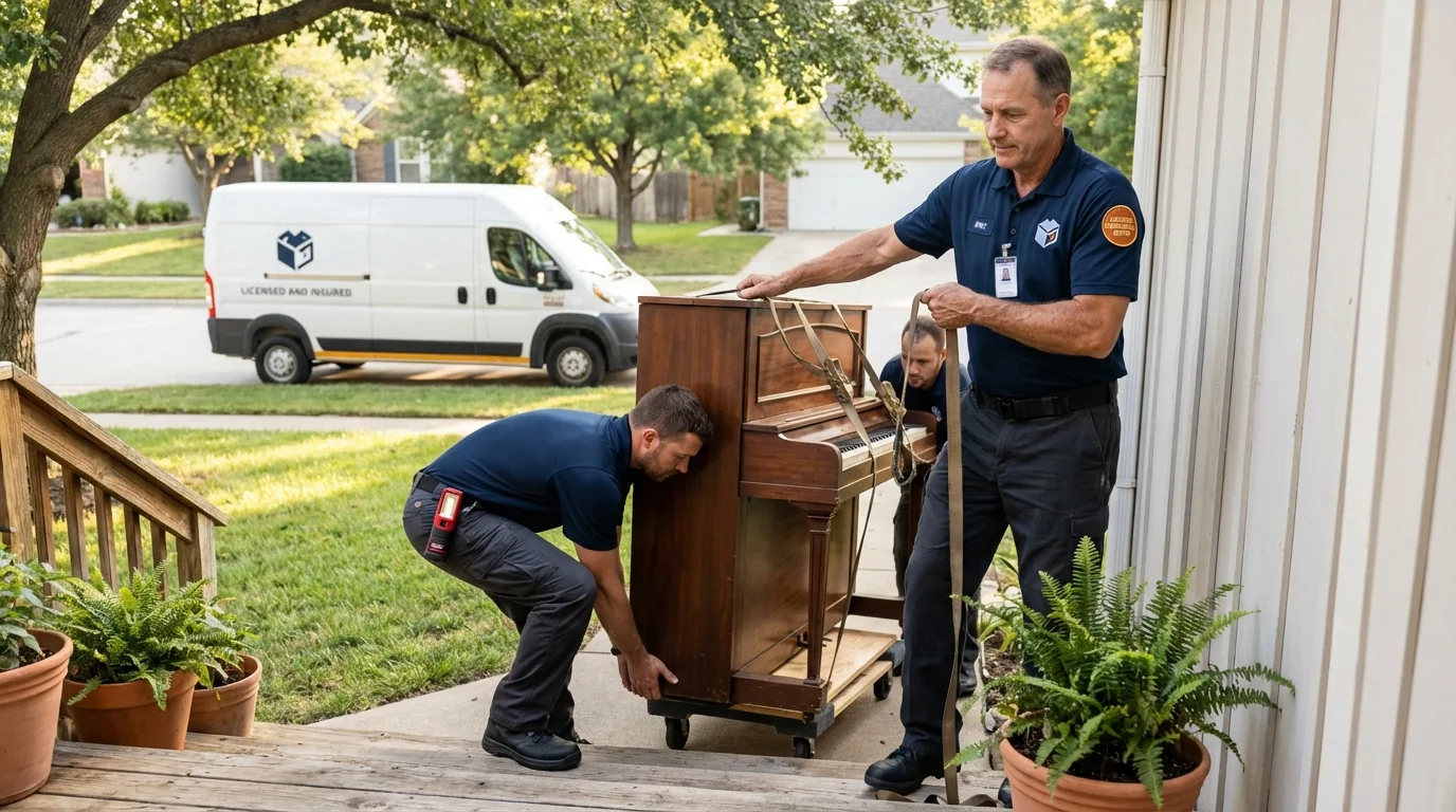 Licensed piano movers securing grand piano in Stigler, OK