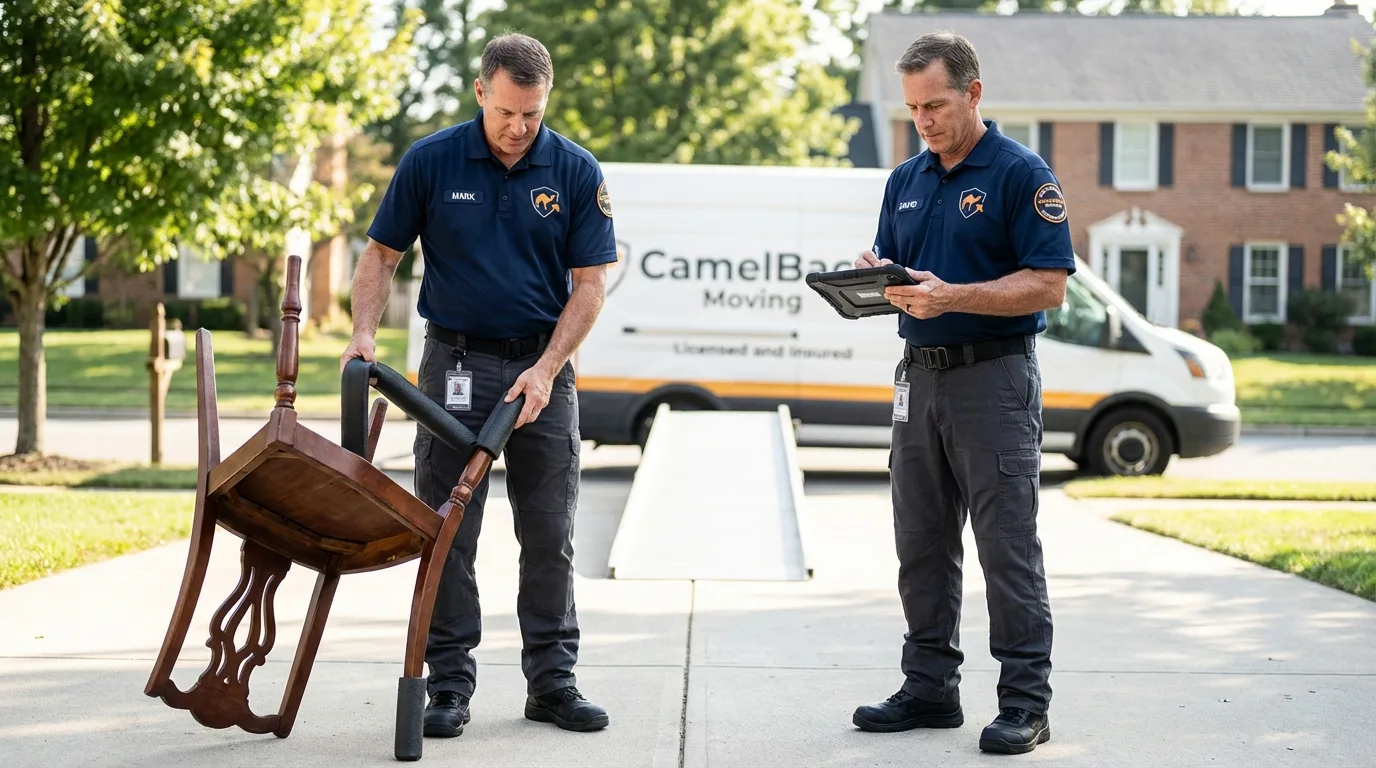 Movers inspecting furniture for damage prevention before loading in Stigler, OK