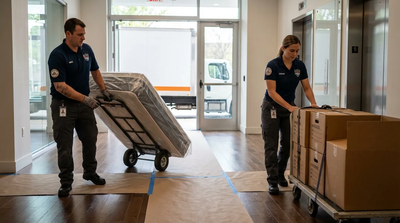 Professional apartment movers loading elevator in Stigler, OK
