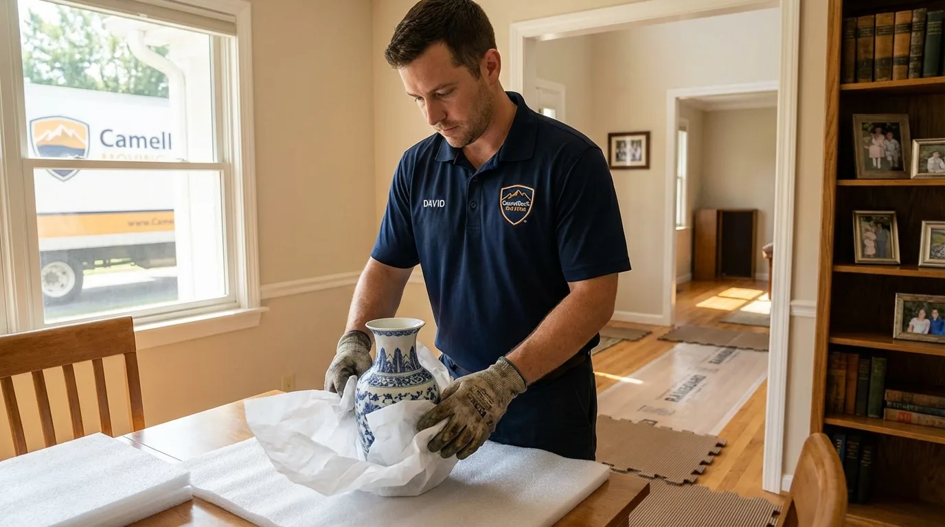 Professional crew carefully wrapping antique vase for senior downsizing move in Stigler, OK